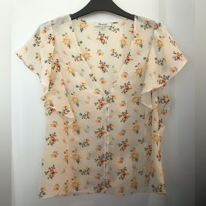 Madewell Carmelina Ivory Floral Silk Top with V-neck and Flutter Sleeves